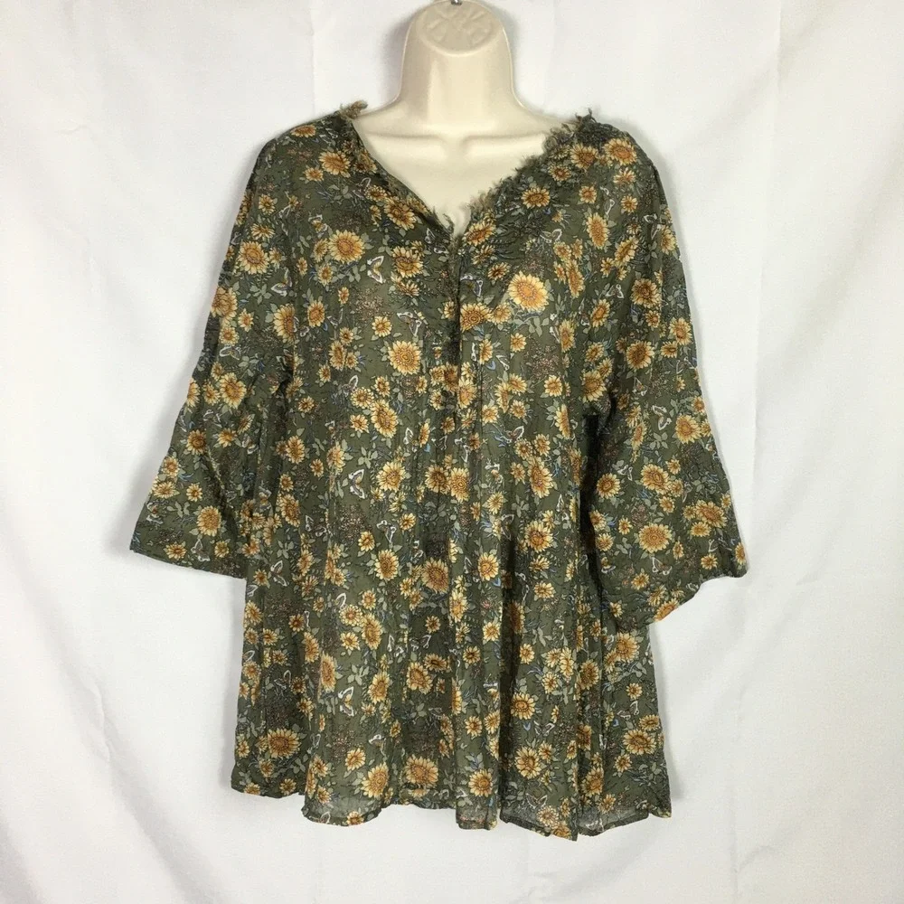 Natural Life Sunflower Butterfly Cotton Tunic Top L/XL Olive Green Boho Frayed